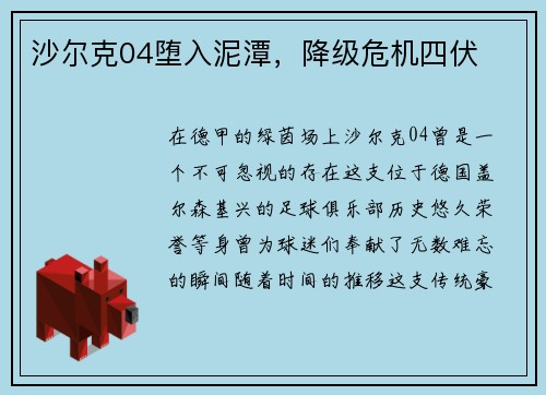 沙尔克04堕入泥潭，降级危机四伏